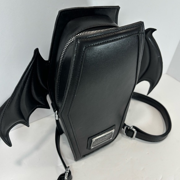 Emo Coffin X Vampire Bat Crossbody Backpack Black Gothic Halloween Bag NWOT - Picture 4 of 9